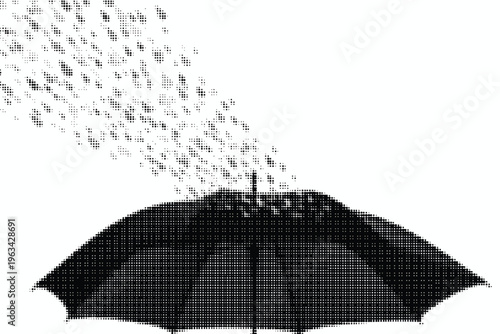 Halftone umbrella with rain shower depicted in black and white halftone dots on white background