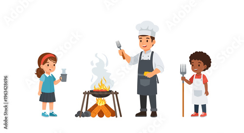 Chef teaches kids outdoor cooking by campfire in a fun educational setting with utensils