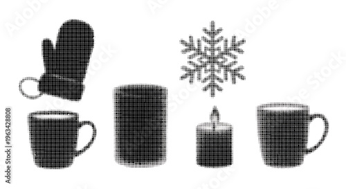 Halftone winter icons with mittens snowflake and mugs