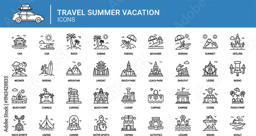 Large collection of travel summer vacation icons featuring thin line vector illustrations of beach surfing camping mountains and road trip elements.
