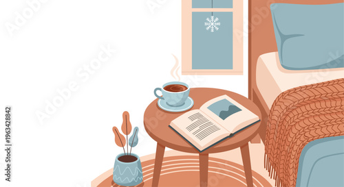 A steaming cup of coffee and an open book rest on a small round table next to a bed with a knitted blanket and a window showing a snowflake.