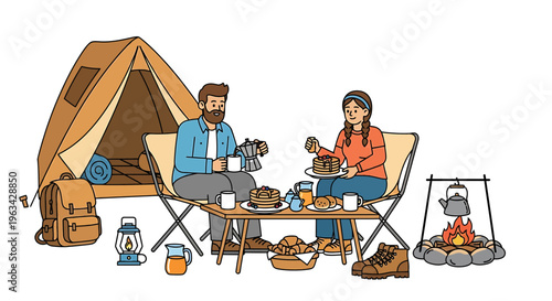 Couple enjoying a romantic camping breakfast in nature with tent and campfire
