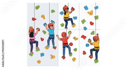 Kids climbing adventure wall with colorful holds and ropes in a fun indoor setting for recreation