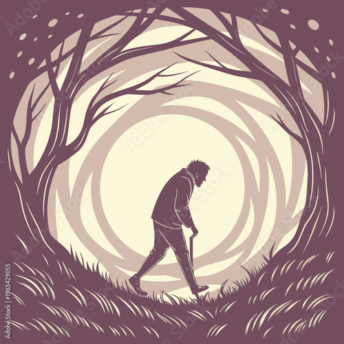 Man walking through a swirling vortex in a desolate landscape