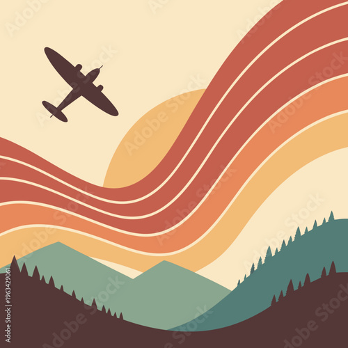 A small plane flies over mountains at sunset
