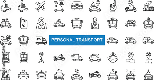 Large set of personal transport icons featuring thin line vector illustrations of cars buses motorcycles airplanes and navigation pins for ride sharing and urban mobility services.