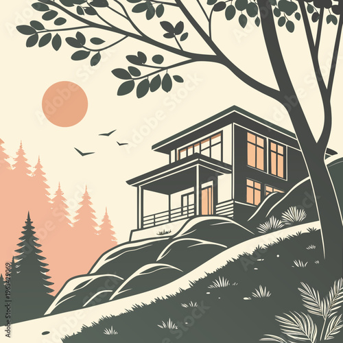 A house on a hill with a tree and forest