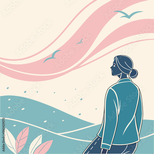 A woman looks out at a serene landscape with pink and blue hues