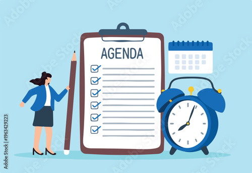 Flat illustration of smart businesswoman hold pencil write meeting agenda checklist with calendar and clock priority of important task