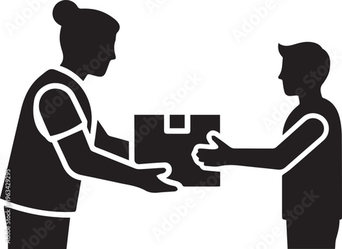 Black silhouette of woman handing a package to a man isolated on transparent background