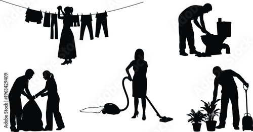 Black silhouette illustration of people performing household chores including laundry, toilet cleaning, vacuuming, gardening, and trash removal