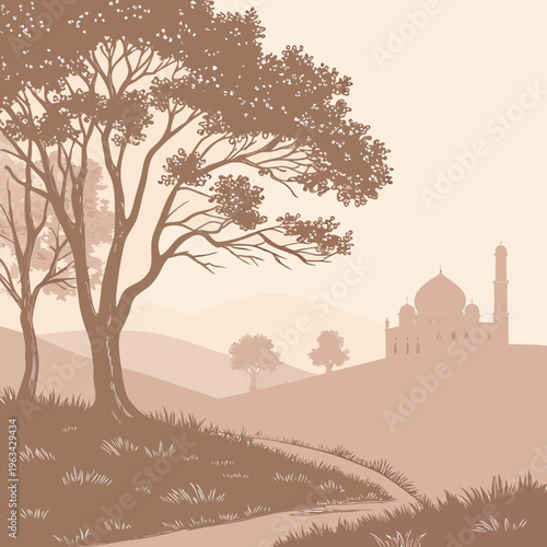 A serene landscape with trees and a building