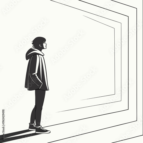 A person looking at a large blank television screen