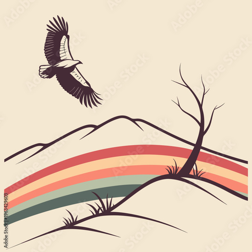 A bird flies over a rainbow colored mountain range
