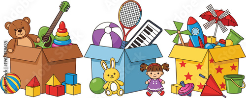 Vibrant collection of toy boxes filled with teddy bear guitar balls doll rocket and building blocks for children nursery playroom and kindergarten organization projects.