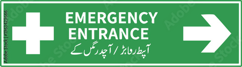 Green emergency entrance sign with white cross, arrow, and bilingual English-Urdu text vector illustration for hospital signage themes