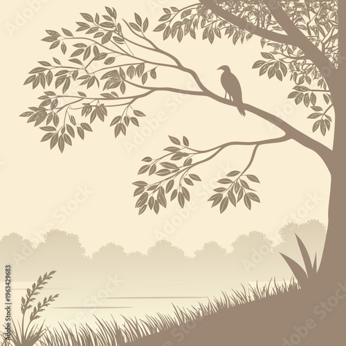 A bird perched on a tree branch overlooking the water