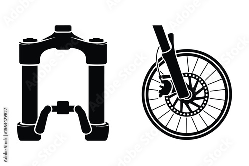Bicycle fork and wheel with disc brakes icons with disc brake