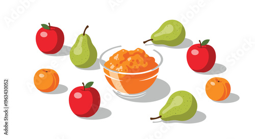 A glass bowl of orange fruit puree is surrounded by red apples, green pears, and orange apricots on a white surface.