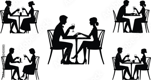 Flat vector illustration of romantic couple silhouettes sitting at tables, drinking wine, having dinner, talking, and enjoying a date night.