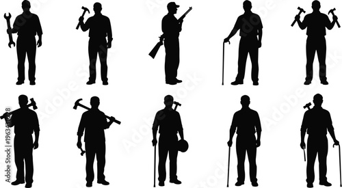 Black silhouette illustration of standing figures holding tools, cane, rifle, and helmet representing workers, craftsmen, and professions