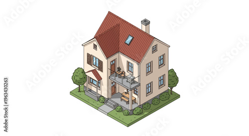 Isometric View of a Charming TwoStory Family House.