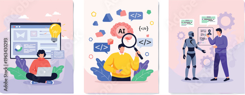 Artificial intelligence vector set with coding, programming, robot interaction and technology innovation concepts in modern flat illustration style