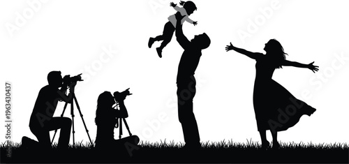 Black silhouette illustration of family outdoors with photographers using tripods, adult lifting child, and joyful interaction, representing photography, parenting, happiness, and artistic 