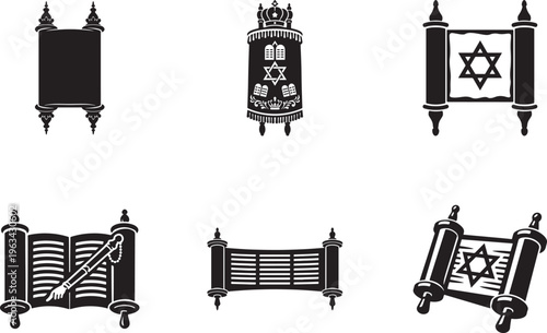 Torah vector icons set with religious symbols scroll elements for faith culture design projects.