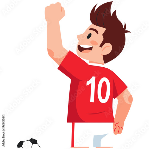 A cartoon boy wearing a red jersey celebrates with raised arm.