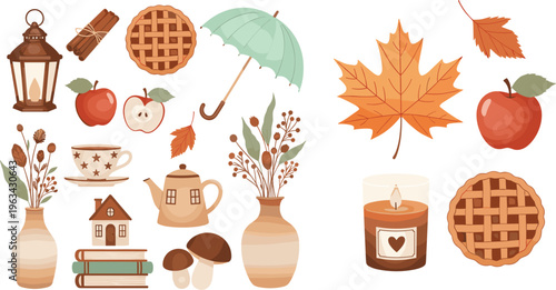Autumn cozy vector set with leaves, pies, candle, umbrella, books and seasonal home decor elements in warm flat illustration style