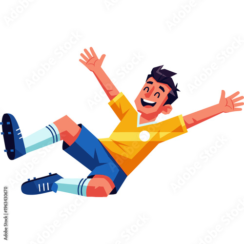 Man falls on ground with arms outstretched in excitement during sports event