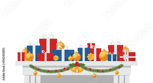 A white mantelpiece is laden with red and blue gifts, golden ornaments, and a green garland with bells.