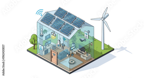Smart Green House with Solar Panels and Wind Turbine.