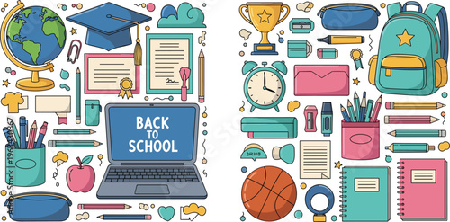 Back to school vector set with laptop, backpack, stationery, globe, books and education supplies in colorful flat style