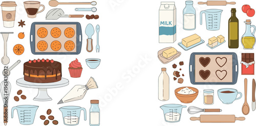 Baking ingredients and kitchen tools vector set with cake, cookies, milk, butter and pastry preparation elements in flat style