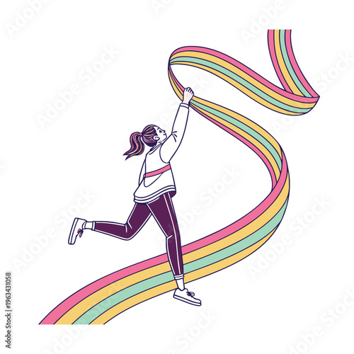 Colorful, vibrant woman running with rainbow ribbon, dynamic illustration, fitness and sports concept, vector graphics