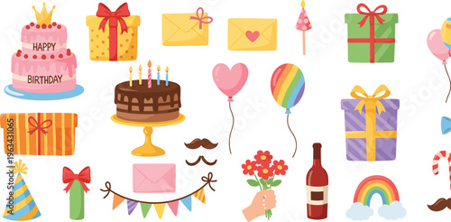 Birthday celebration vector set with cakes, gifts, balloons, party hats and festive elements in colorful flat illustration style