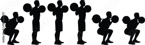Black silhouette sequence of barbell squat exercise demonstrating proper form, movement stages, and strength training technique for lower body fitness