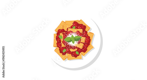 A white plate with rigatoni pasta, red sauce, cheese, and basil is centered on a pristine white background.
