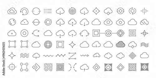 A collection of various gray icons and symbols are displayed on a white background.