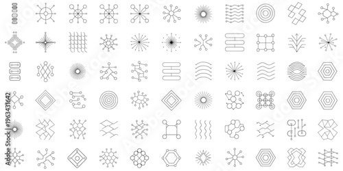 Geometric shapes and patterns arranged on a white surface