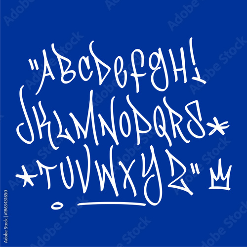 Complete Graffiti Tag Alphabet Collection A-Z in White Handstyle Typography with Crown Detail on Blue Background for Streetwear Branding