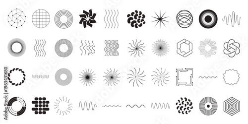 Collection of various geometric shapes and patterns on a white background
