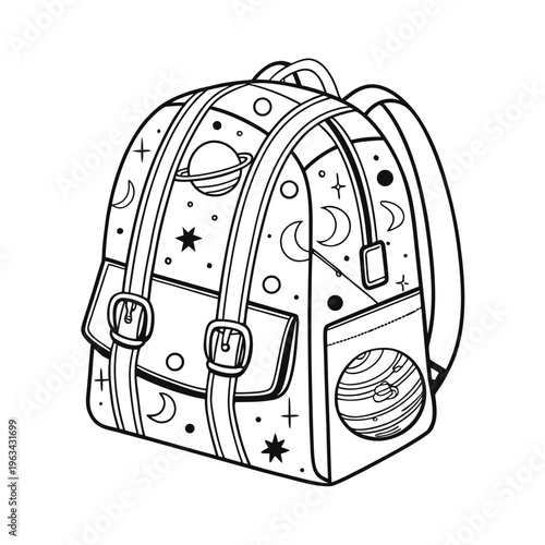 Space backpack, celestial vector illustration, astronomy travel bag, starry backpack design