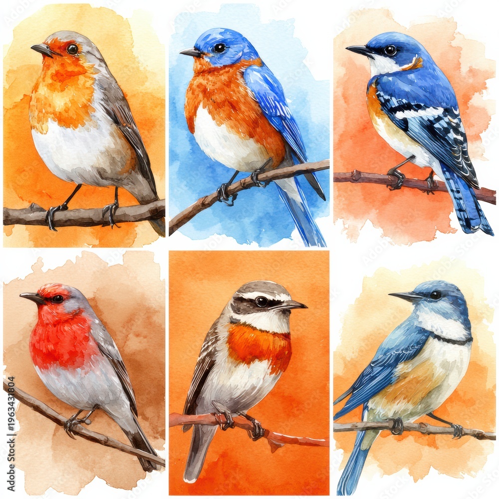 Naklejka premium Collection of Six Bird Watercolor Illustrations Featuring Robin, Blue Jay, Cardinal, Swallow, Finch, and Hummingbird in Warm Backgrounds