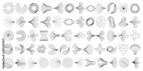 Various abstract shapes arranged in rows on a plain surface for design