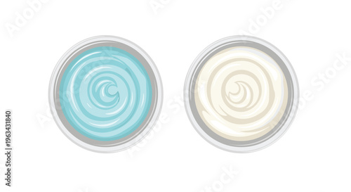 Two round glass jars containing swirled blue and off-white creams are viewed from above on a white background.