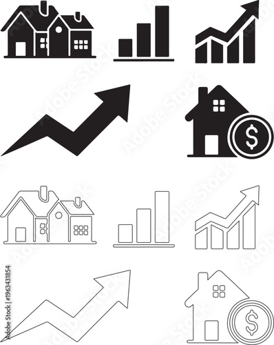 Property market concept. Miniature houses and rising bar graph representing real estate growth on white..eps