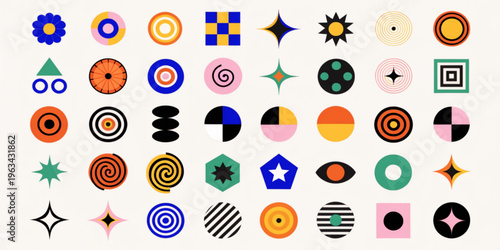 A colorful graphic illustration of various geometric shapes and patterns.